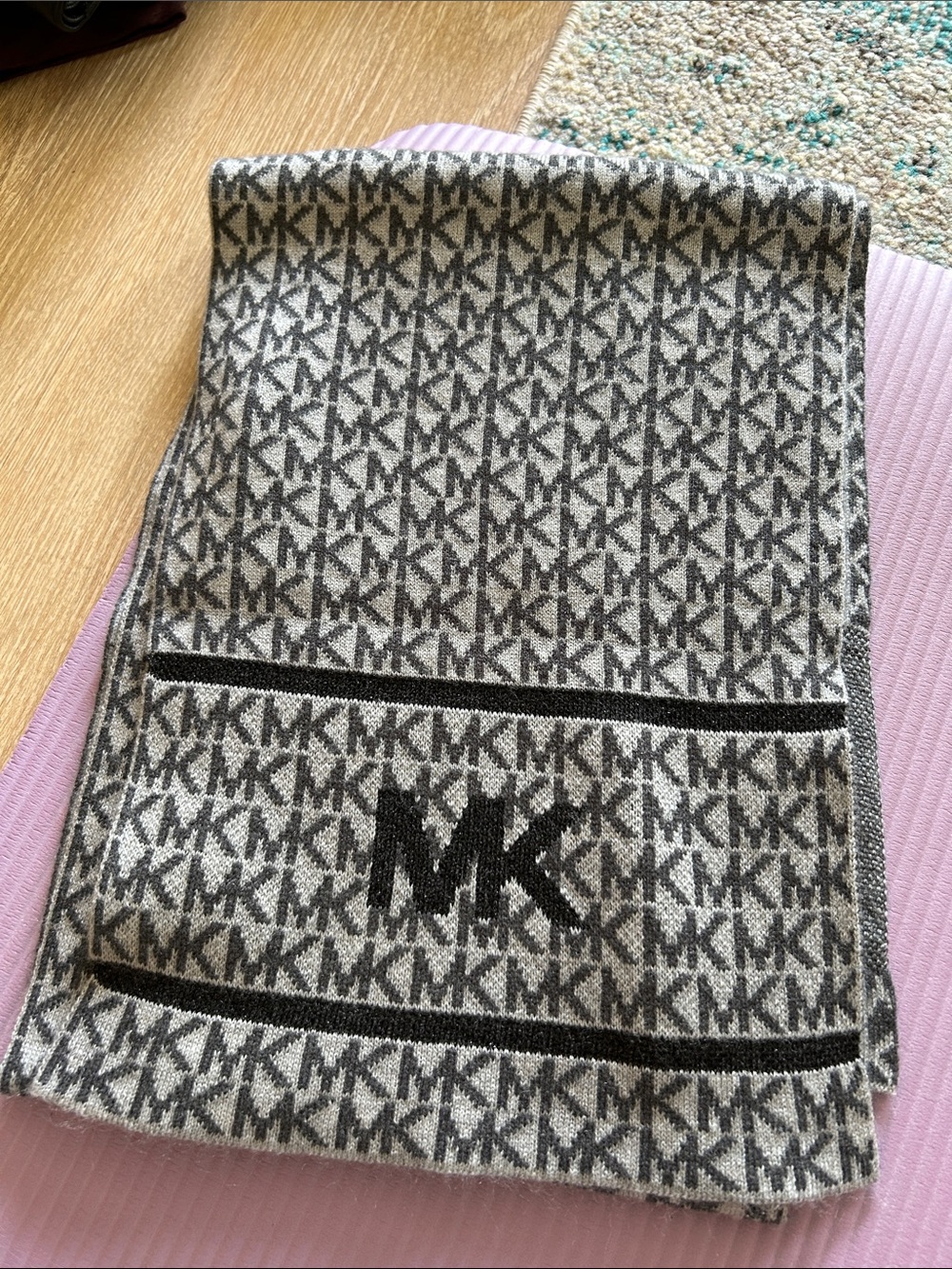 Michael Kors Gray & Black MK Logo Knit Scarf